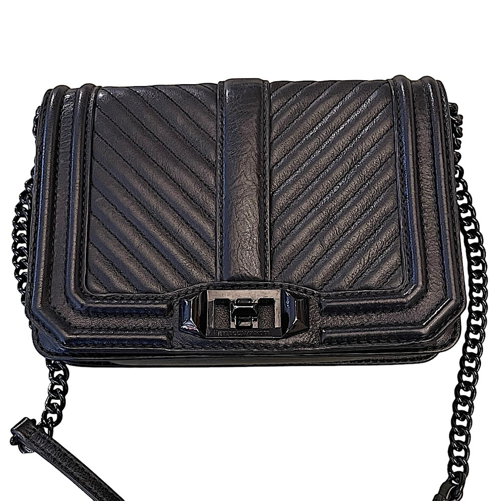 REBECCA MINKOFF Chevron Quilted Small Turn Lock Black Love Crossbody Bag - Picture 5 of 13